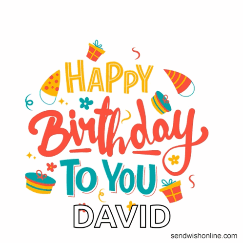 A Happy Birthday Card For David With Gifts And Confetti GIF