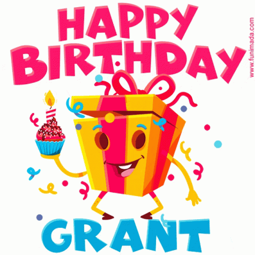 A Happy Birthday Card For Grant With A Cartoon Gift Box GIF