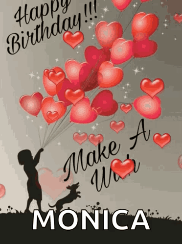 A Happy Birthday Card For Monica With Balloons And Hearts GIF