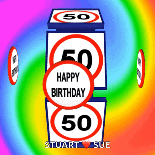 A Happy Birthday Card For Stuart And Sue With A Rainbow Background GIF