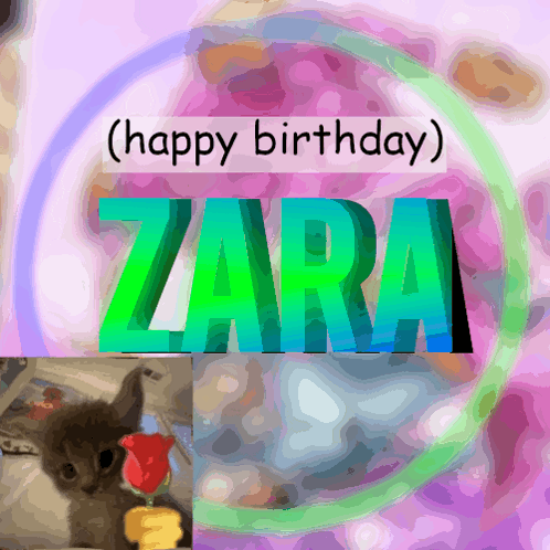A Happy Birthday Card For Zara With A Cat In The Background GIF