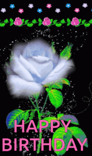 A Happy Birthday Card With A Blue Rose GIF