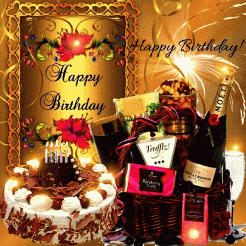 Happy Birthday Card With Cake And Champagne GIF