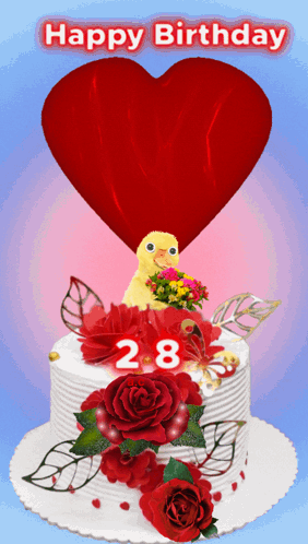 A Happy Birthday Card With A Cake And A Heart GIF