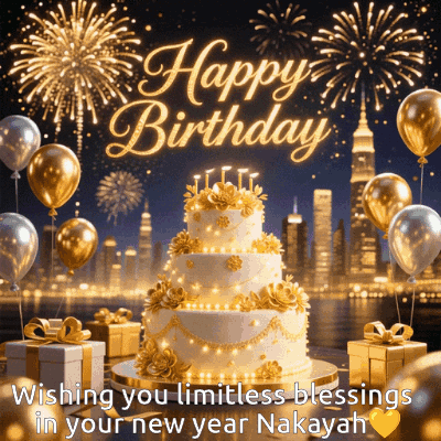 A Happy Birthday Card With A Cake And Balloons GIF