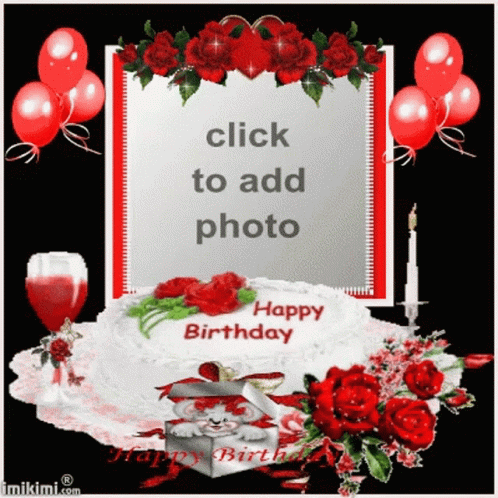 A Happy Birthday Card With A Cake And Flowers GIF
