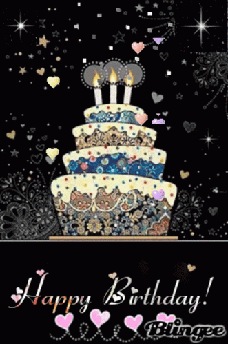 A Happy Birthday Card With A Cake And Hearts GIF