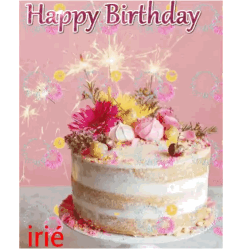 a happy birthday card with a cake with flowers on it