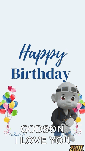 A Happy Birthday Card With A Cartoon Character Holding Balloons GIF