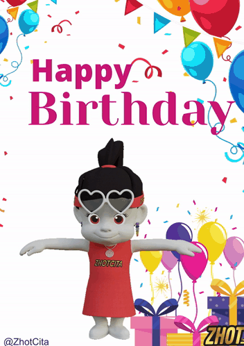 A Happy Birthday Card With A Cartoon Girl Wearing A Zhotcita Shirt GIF