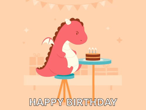 A Happy Birthday Card With A Dragon Sitting At A Table With A Cake On It GIF