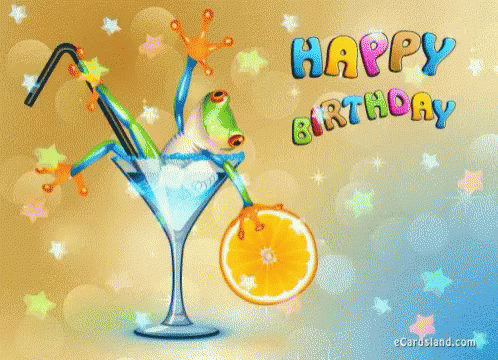 A Happy Birthday Card With A Frog In A Martini GIF