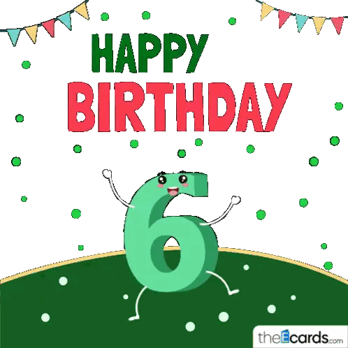 a happy birthday card with a green number 6 with arms and legs