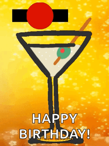 A Happy Birthday Card With A Martini Glass And Olive GIF