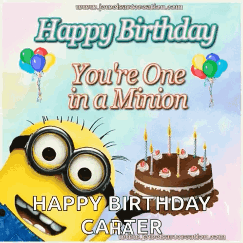 A Happy Birthday Card With A Minion And A Birthday Cake . GIF