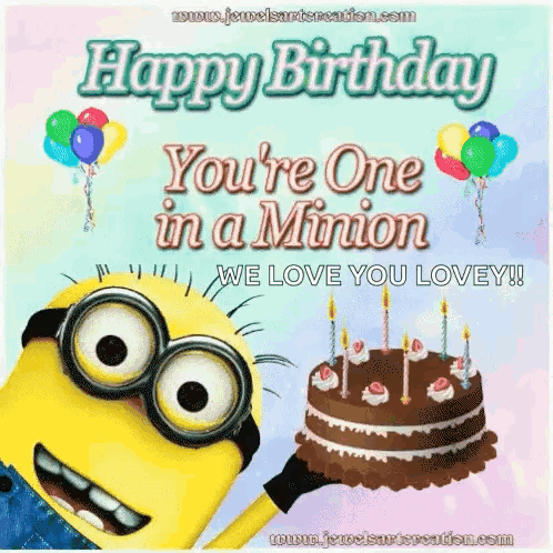 a happy birthday card with a minion holding a cake and balloons .