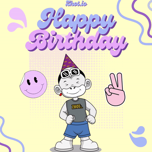 A Happy Birthday Card With A Monkey Wearing A Hat GIF