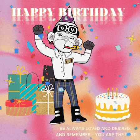 A Happy Birthday Card With A Monkey Wearing A Hat That Says Shot GIF