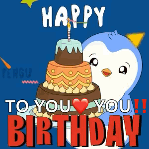 A Happy Birthday Card With A Penguin And A Cake GIF