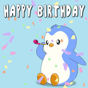 A Happy Birthday Card With A Penguin Blowing Confetti GIF
