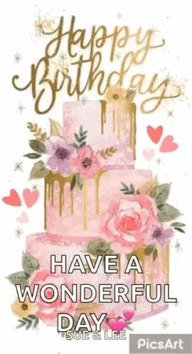 A Happy Birthday Card With A Pink And Gold Cake With Flowers On It . GIF