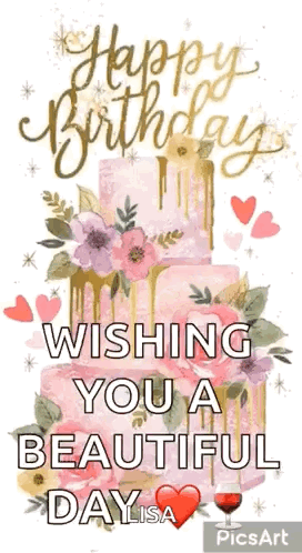 A Happy Birthday Card With A Pink Cake And Flowers On It . GIF