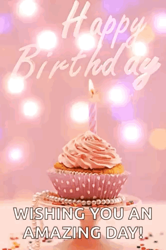 a happy birthday card with a pink cupcake and a candle on top .