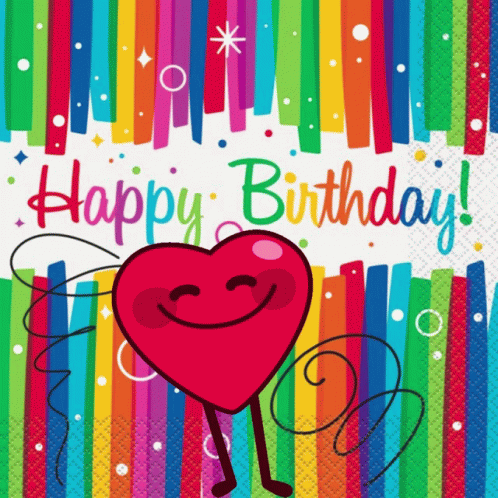 A Happy Birthday Card With A Smiling Heart And Rainbow Stripes GIF