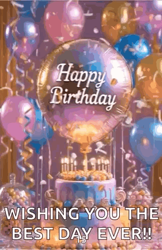a happy birthday card with balloons and a cake .