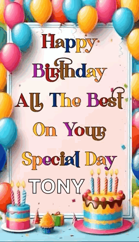 A Happy Birthday Card With Balloons And A Cake GIF