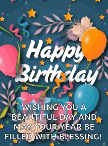 A Happy Birthday Card With Balloons And Flowers On A Blue Background GIF