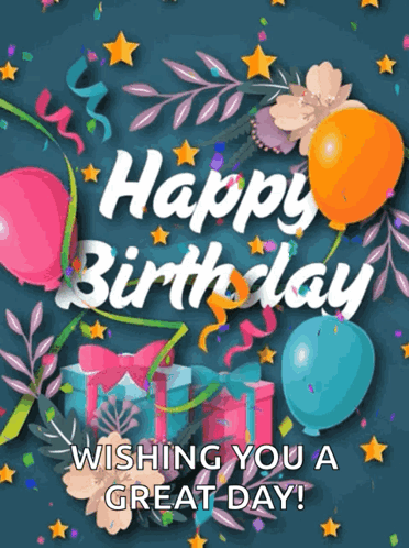 A Happy Birthday Card With Balloons And Gifts GIF