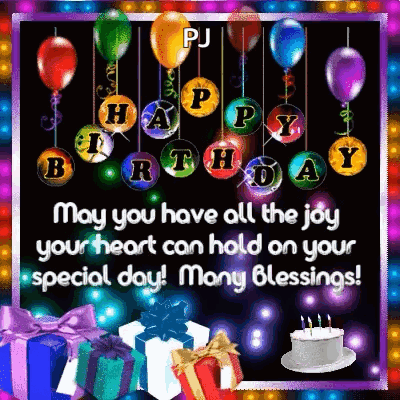 A Happy Birthday Card With Balloons , Gifts , And A Cake GIF