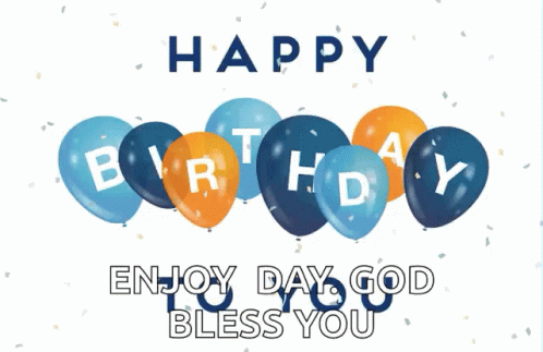 A Happy Birthday Card With Blue And Orange Balloons And Confetti GIF