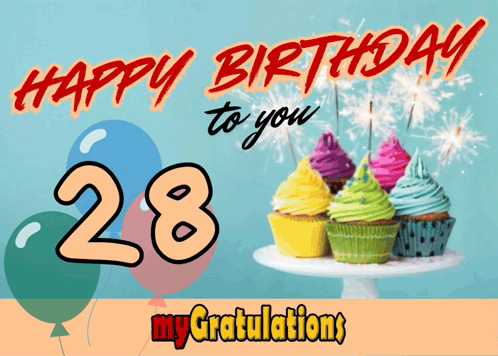 A Happy Birthday Card With Cupcakes And Balloons GIF