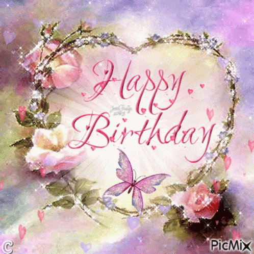 A Happy Birthday Card With Flowers And Butterflies On It GIF