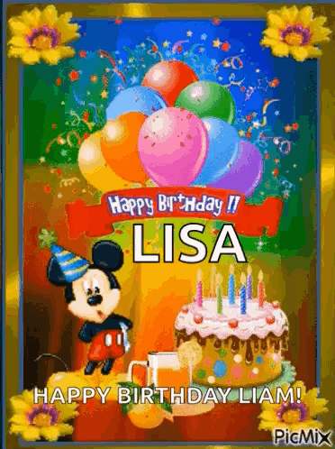A Happy Birthday Card With Mickey Mouse , Balloons And A Cake . GIF