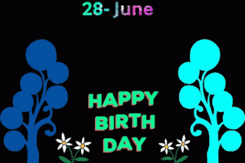 A Happy Birthday Card With Two Trees And Flowers On A Black Background GIF