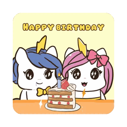 a happy birthday card with two unicorns holding a cake