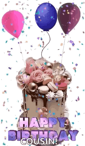 A Happy Birthday Cousin Greeting Card With A Cake And Balloons . GIF