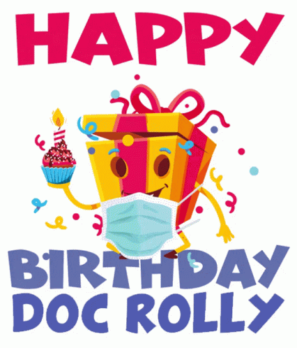 A Happy Birthday Doc Rolly Card With A Gift Box Wearing A Face Mask GIF
