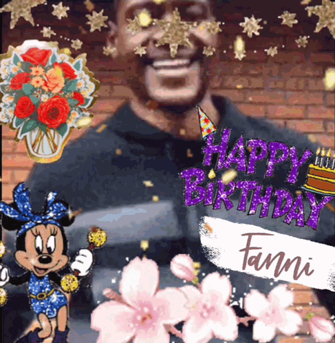A Happy Birthday Fanni Card With A Man And Minnie Mouse On It GIF