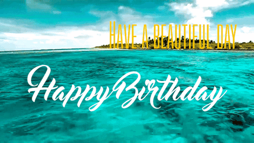 A Happy Birthday Greeting Card With A Beach In The Background GIF