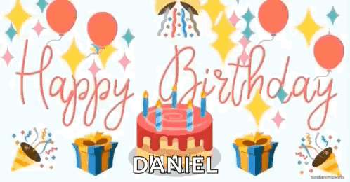 A Happy Birthday Greeting Card With A Birthday Cake , Balloons , Presents And Confetti . GIF