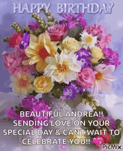 A Happy Birthday Greeting Card With A Bouquet Of Flowers GIF