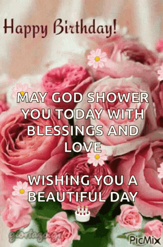 A Happy Birthday Greeting Card With A Bouquet Of Pink Roses GIF