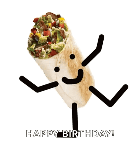 A Happy Birthday Greeting Card With A Burrito With Face And Arms GIF