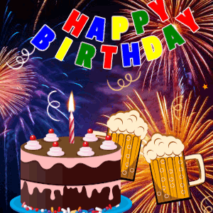 A Happy Birthday Greeting Card With A Cake And Beer Mugs GIF