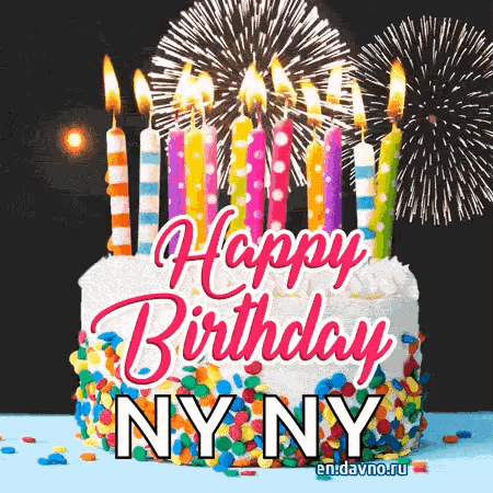 A Happy Birthday Greeting Card With A Cake And Fireworks GIF