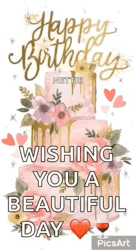A Happy Birthday Greeting Card With A Cake And Flowers . GIF